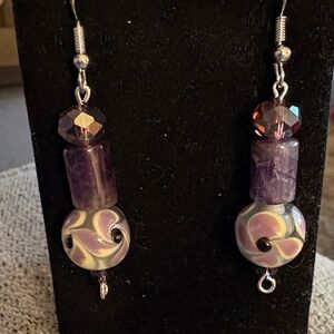 Hand Crafted Amethyst and Glass Floral Earrings